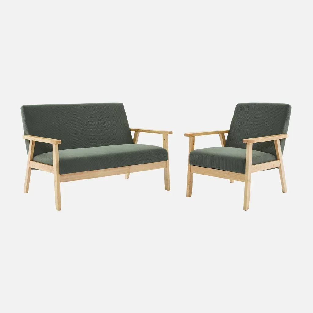 Panca 3 Posti Isak Legno Massello di Hevea Velluto Cachi Stile Scandinavo Vintage