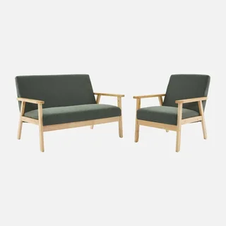 Panca 3 Posti Isak Legno Massello di Hevea Velluto Cachi Stile Scandinavo Vintage