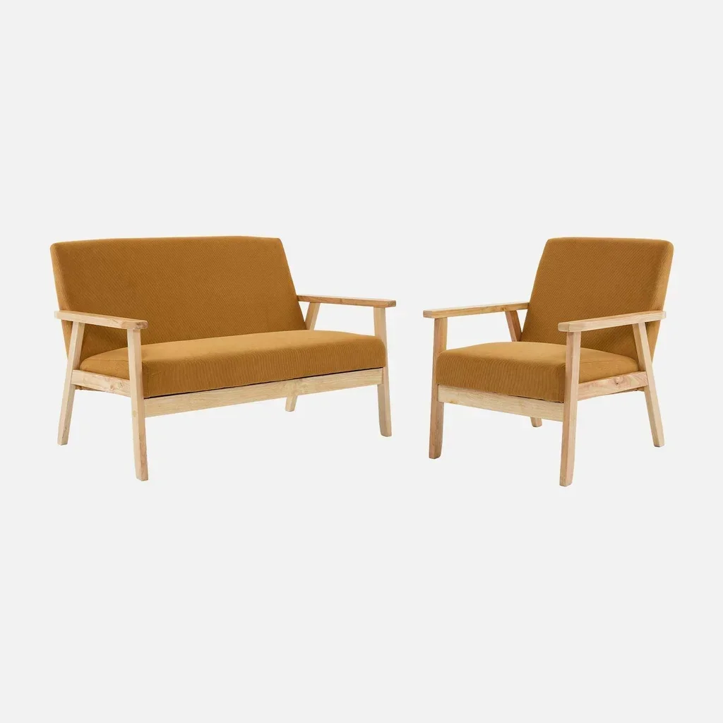 Panca 3 Posti Isak Legno Massello Hevea Velluto a Coste Kaki Stile Scandinavo Vintage