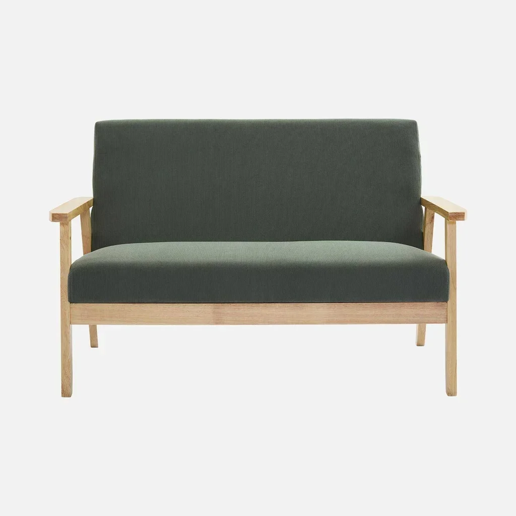 Panca 3 Posti Isak Legno Massello di Hevea Velluto Cachi Stile Scandinavo Vintage