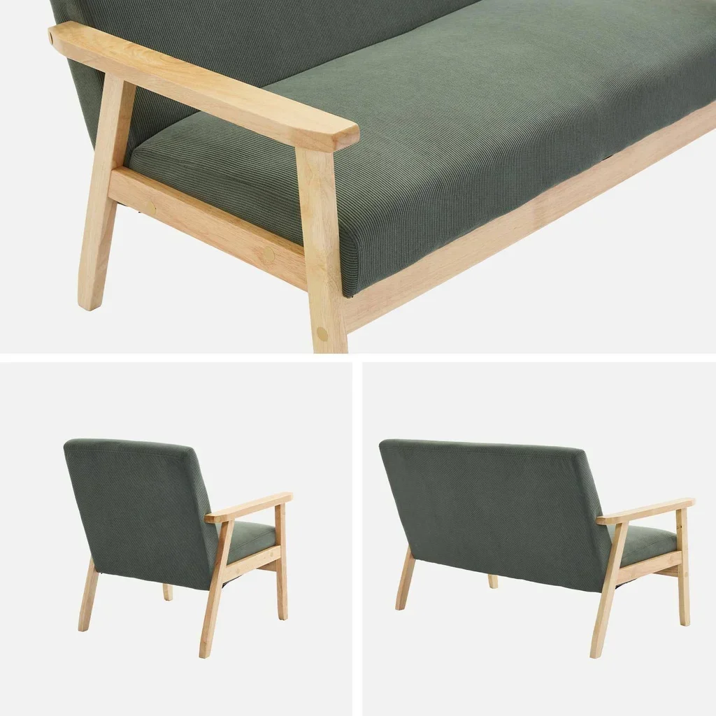 Panca 3 Posti Isak Legno Massello di Hevea Velluto Cachi Stile Scandinavo Vintage