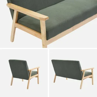 Panca 3 Posti Isak Legno Massello di Hevea Velluto Cachi Stile Scandinavo Vintage
