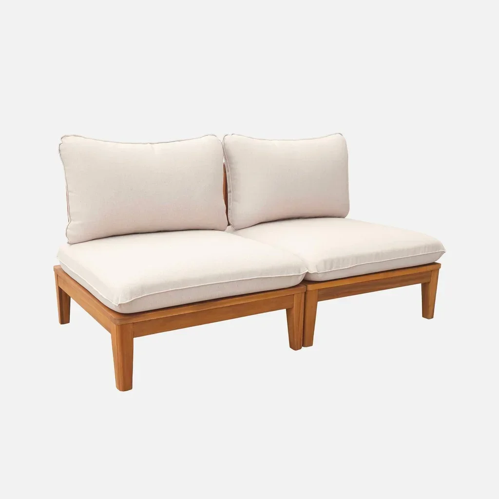 Banquette modulable bois acacia 2 places extérieur Yona coussins bouclette