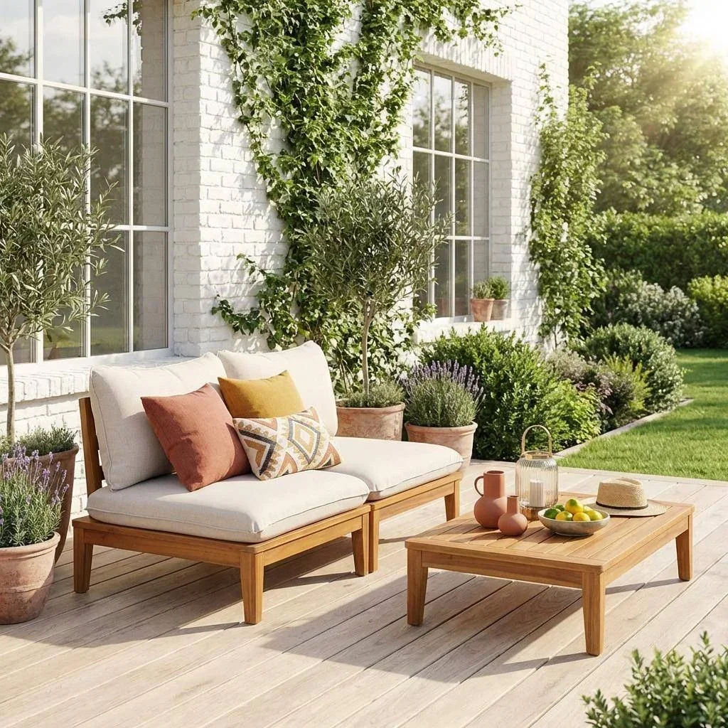 Banquette modulable bois acacia 2 places extérieur Yona coussins bouclette