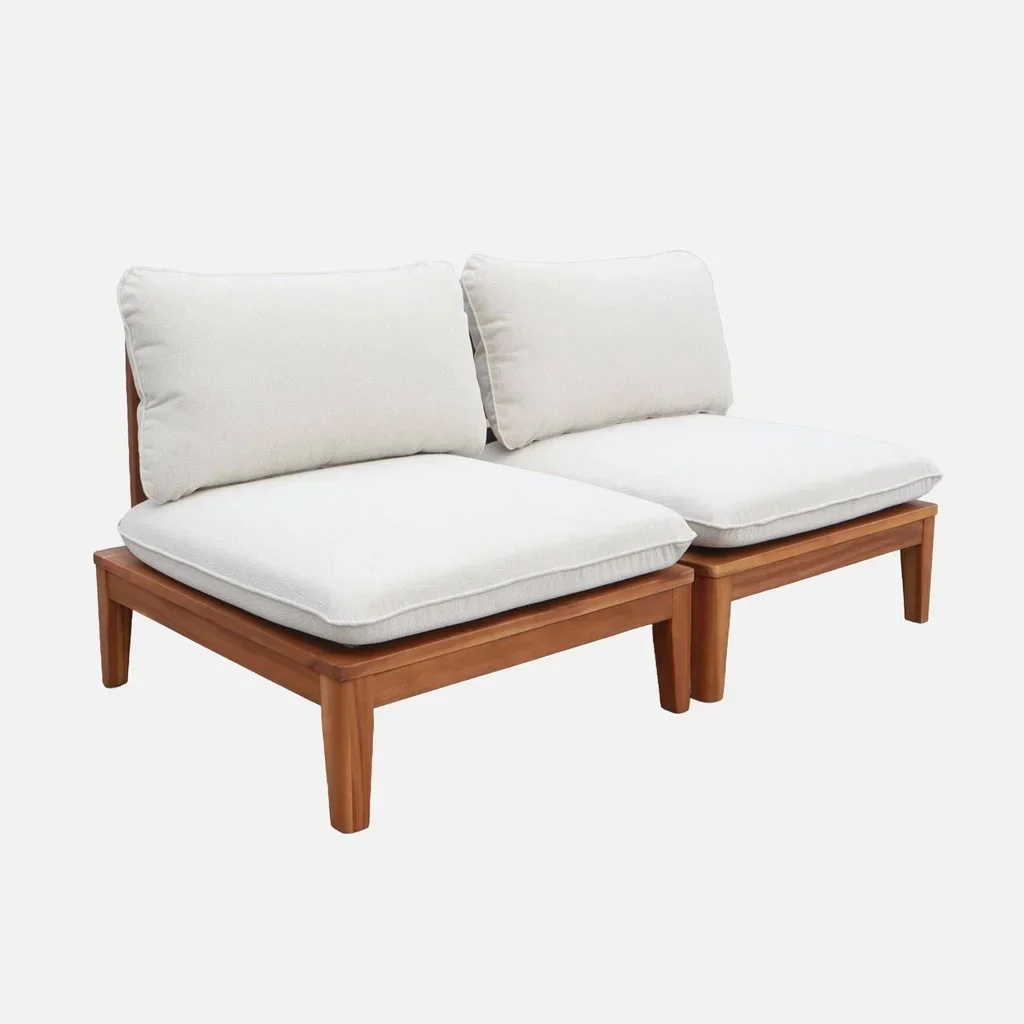 Banquette modulable 2 places bois acacia coussins bouclette jardin