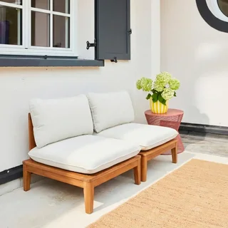 2-Seater Modular Acacia Wood Bench with Boucle Cushions for Garden