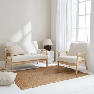 Banco sillón 3 plazas madera maciza hevea crema bouclé Isak