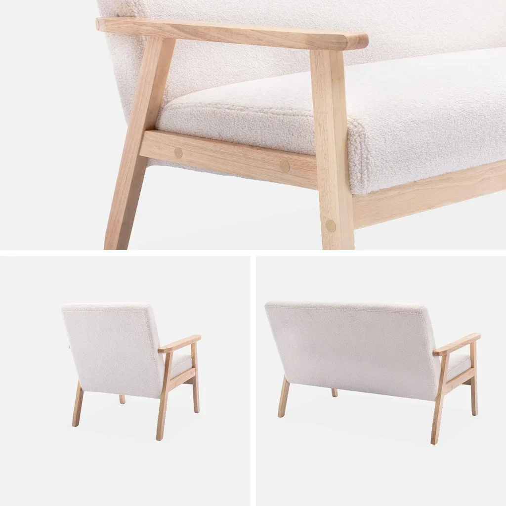 Banco sillón 3 plazas madera maciza hevea crema bouclé Isak
