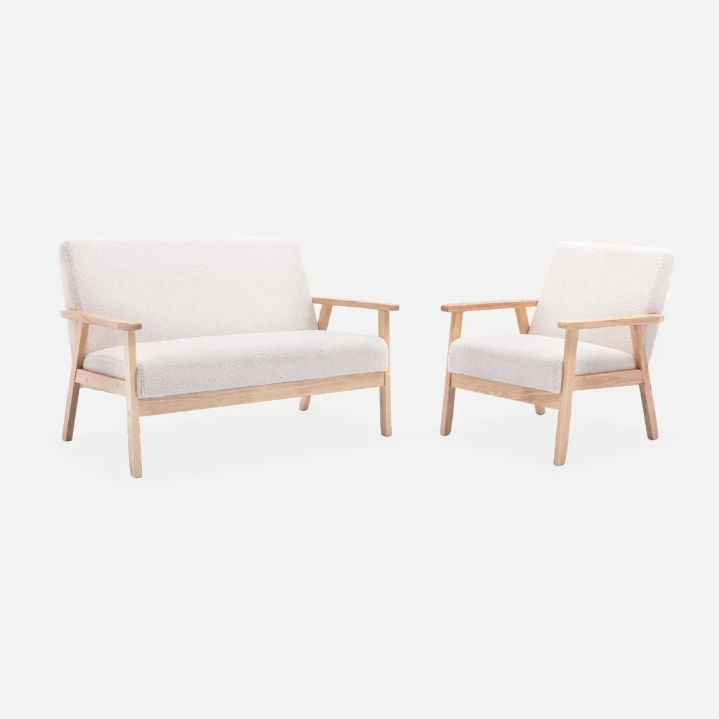Banco sillón 3 plazas madera maciza hevea crema bouclé Isak