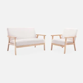 Banco sillón 3 plazas madera maciza hevea crema bouclé Isak