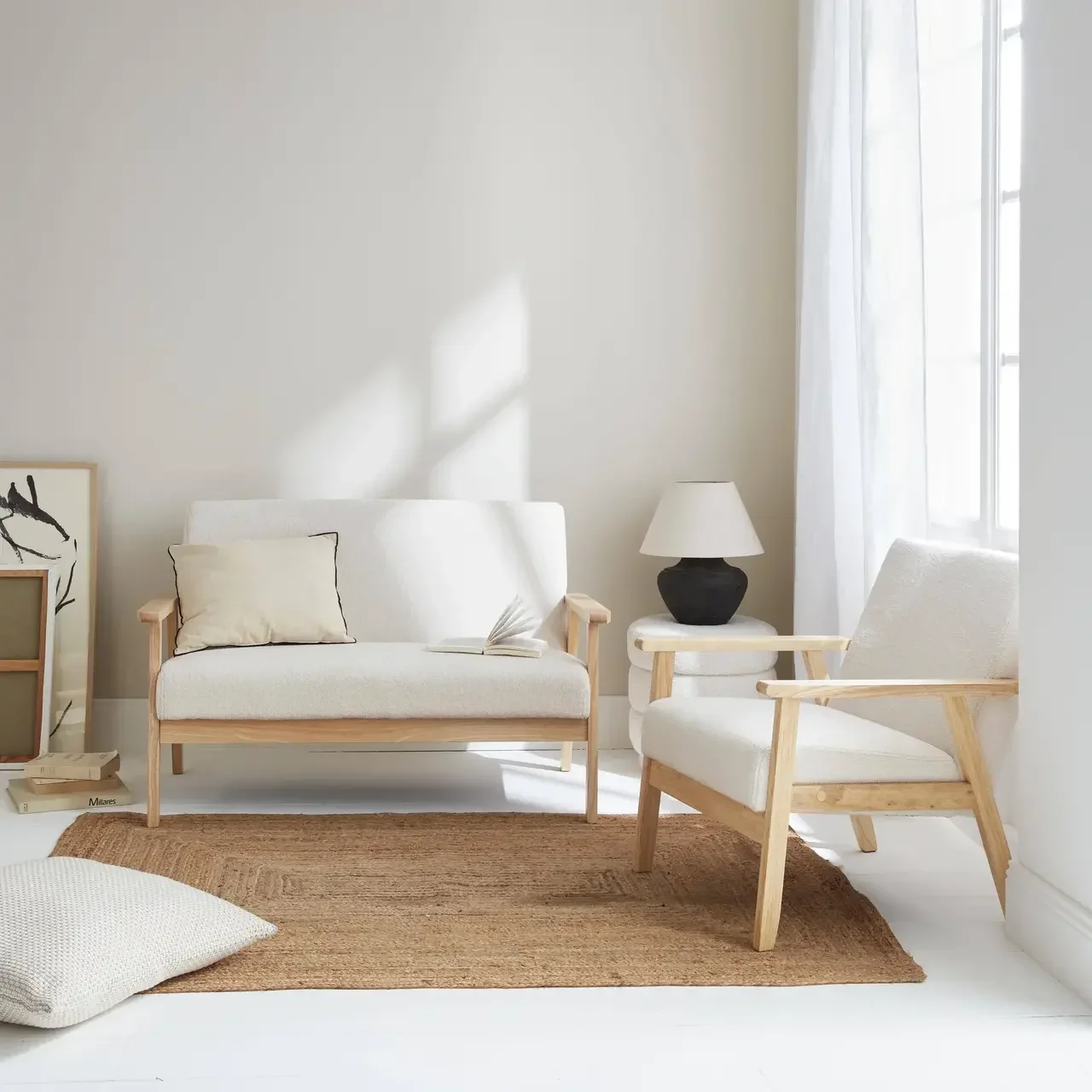 Banquette fauteuil 3 places bois massif hévéa bouclette crème Isak