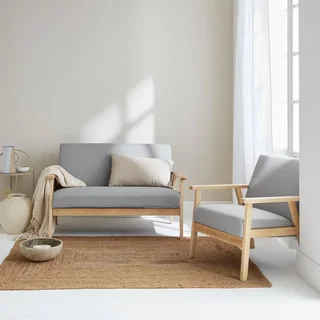 Isak 3-Sitzer Bank und Sessel - Massivholz Hevea und skandinavischer Stoffbezug