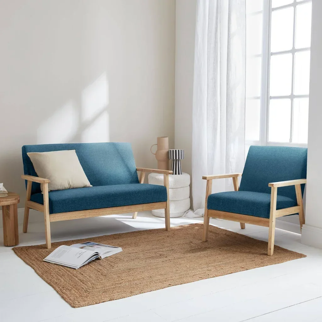 Isak 3-Sitzer Bank und Sessel Massivholz Hevea Pappel skandinavischer Stoffbezug