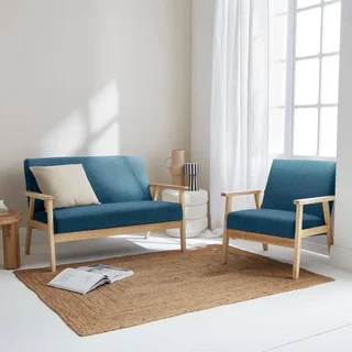Isak 3-Sitzer Bank und Sessel Massivholz Hevea Pappel skandinavischer Stoffbezug