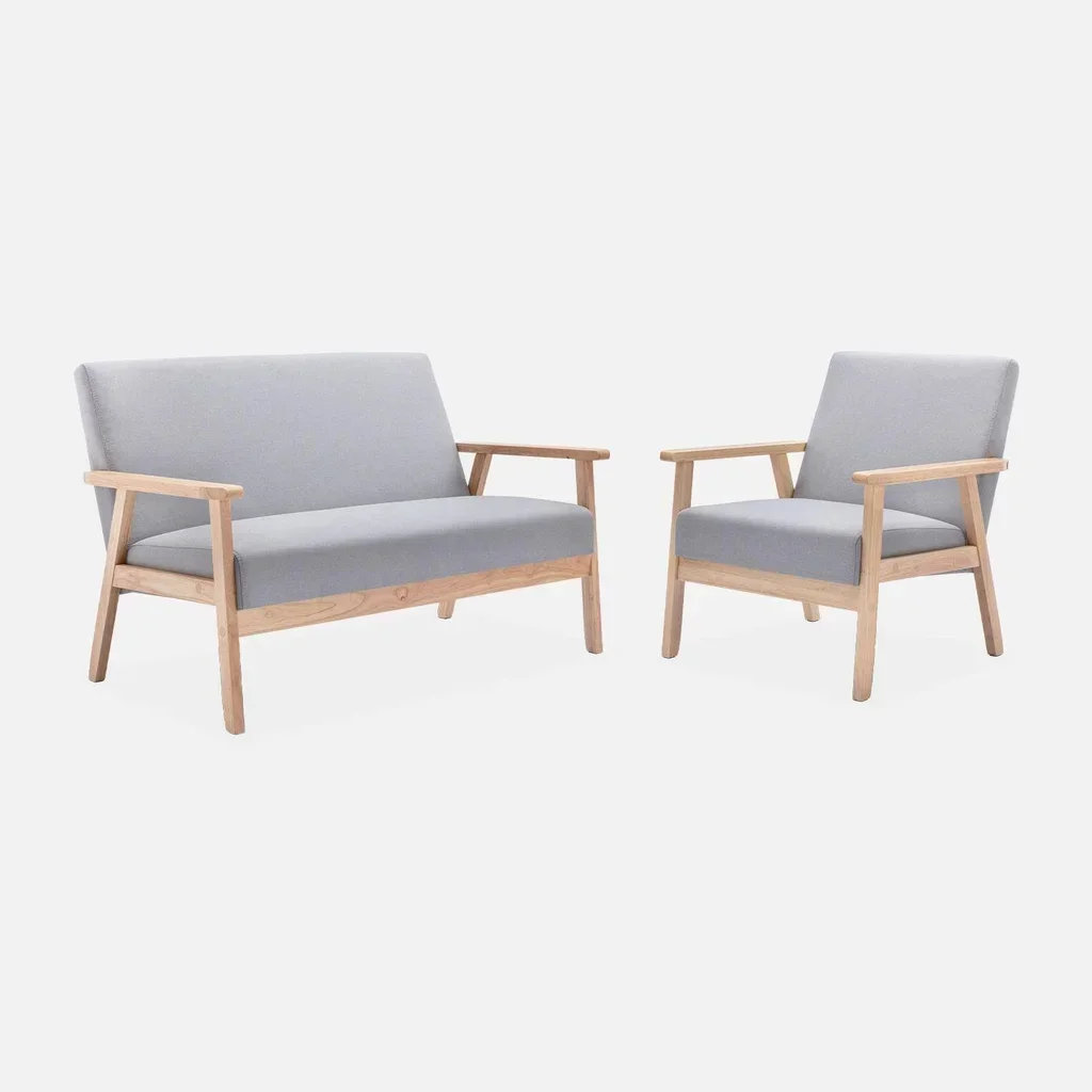 Isak 3-Sitzer Bank und Sessel - Massivholz Hevea und skandinavischer Stoffbezug