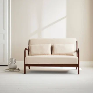 Banco escandinavo 2 plazas madera de hevea nogal claro y tela beige Lorens