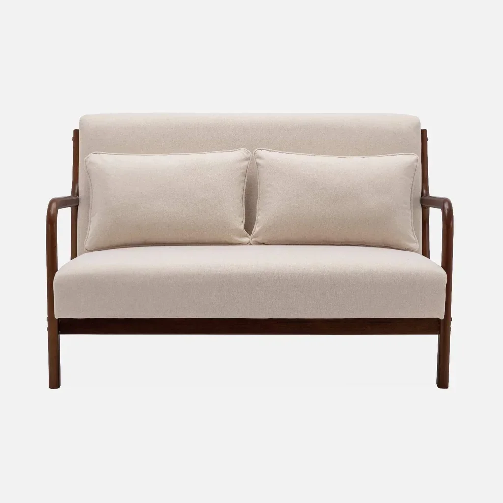 Banco escandinavo 2 plazas madera de hevea nogal claro y tela beige Lorens