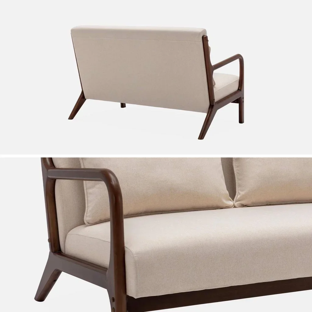Banco escandinavo 2 plazas madera de hevea nogal claro y tela beige Lorens
