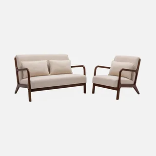 Banco escandinavo 2 plazas madera de hevea nogal claro y tela beige Lorens