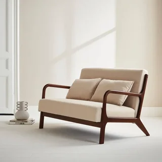 Banco escandinavo 2 plazas madera de hevea nogal claro y tela beige Lorens