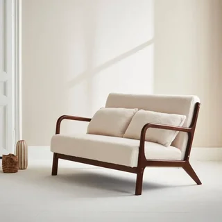 Banquette scandinave 2 places bouclette crème et bois hévéa noyer