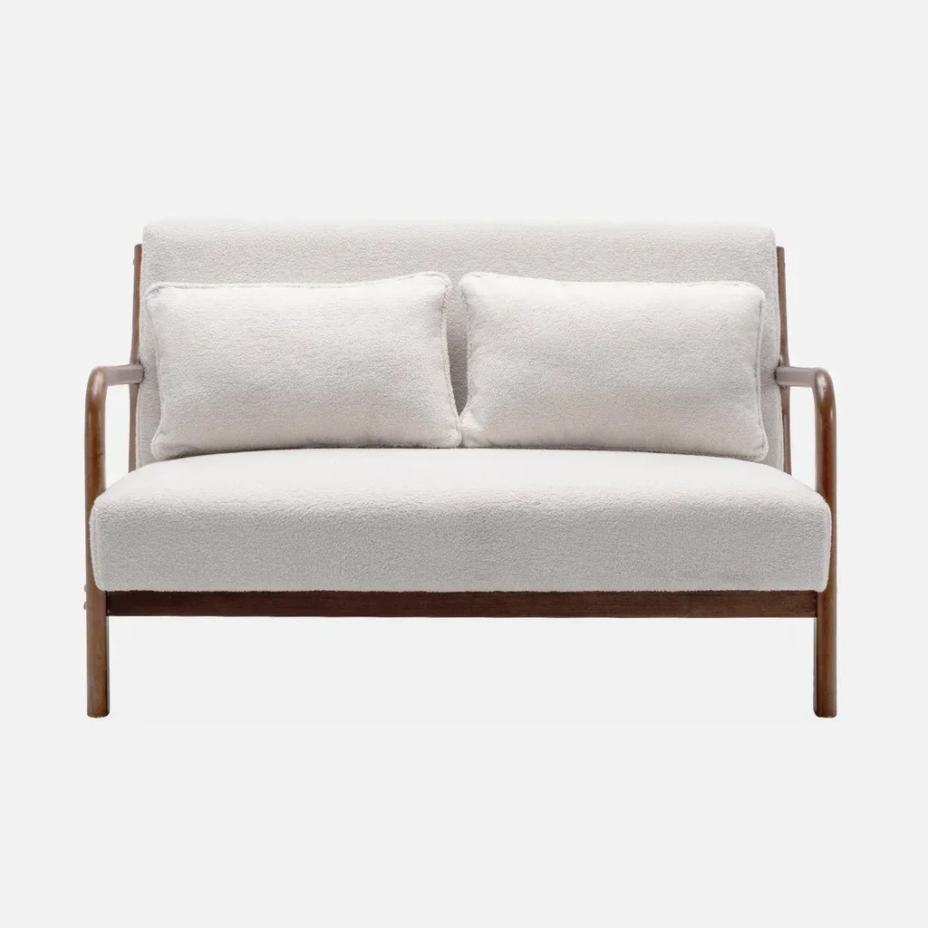 Banquette scandinave 2 places bouclette crème et bois hévéa noyer