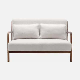 Banquette scandinave 2 places bouclette crème et bois hévéa noyer