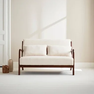 Banquette scandinave 2 places bouclette crème et bois hévéa noyer