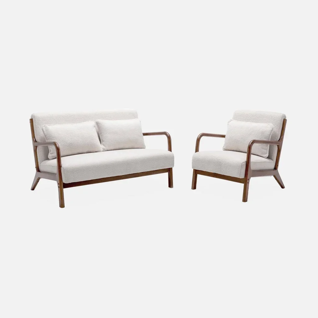 Banquette scandinave 2 places bouclette crème et bois hévéa noyer