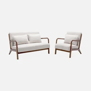 Banquette scandinave 2 places bouclette crème et bois hévéa noyer