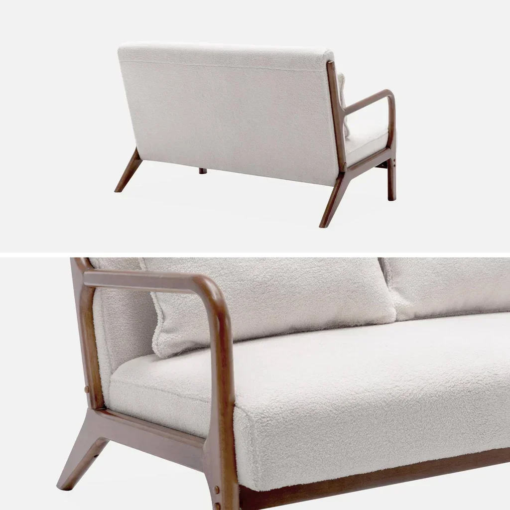 Banquette scandinave 2 places bouclette crème et bois hévéa noyer