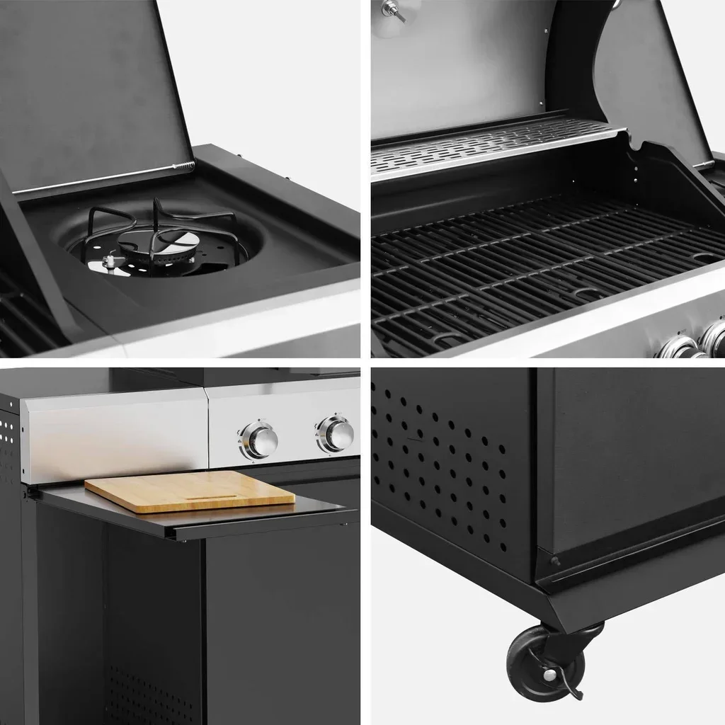Barbecue gaz 4 brûleurs avec réchaud latéral, plancha et housse