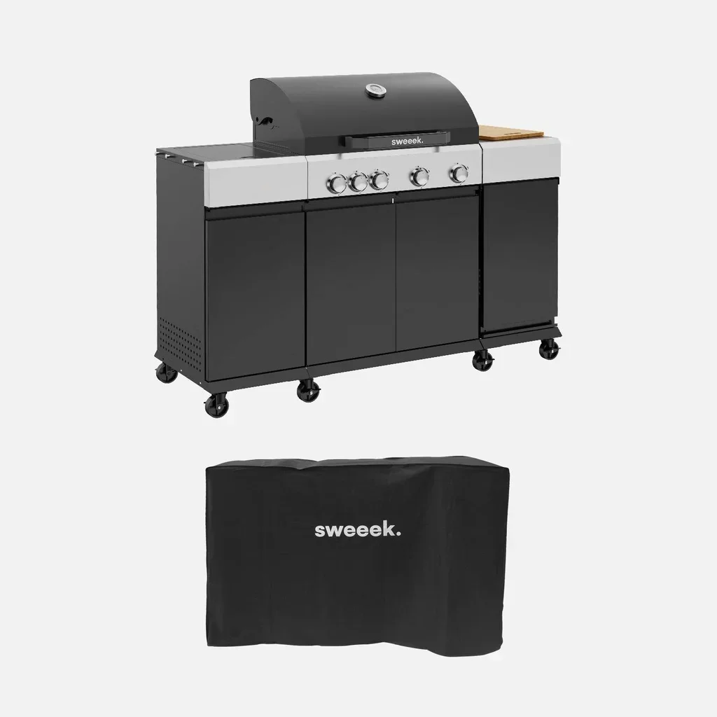 Barbecue gaz 4 brûleurs avec réchaud latéral, plancha et housse