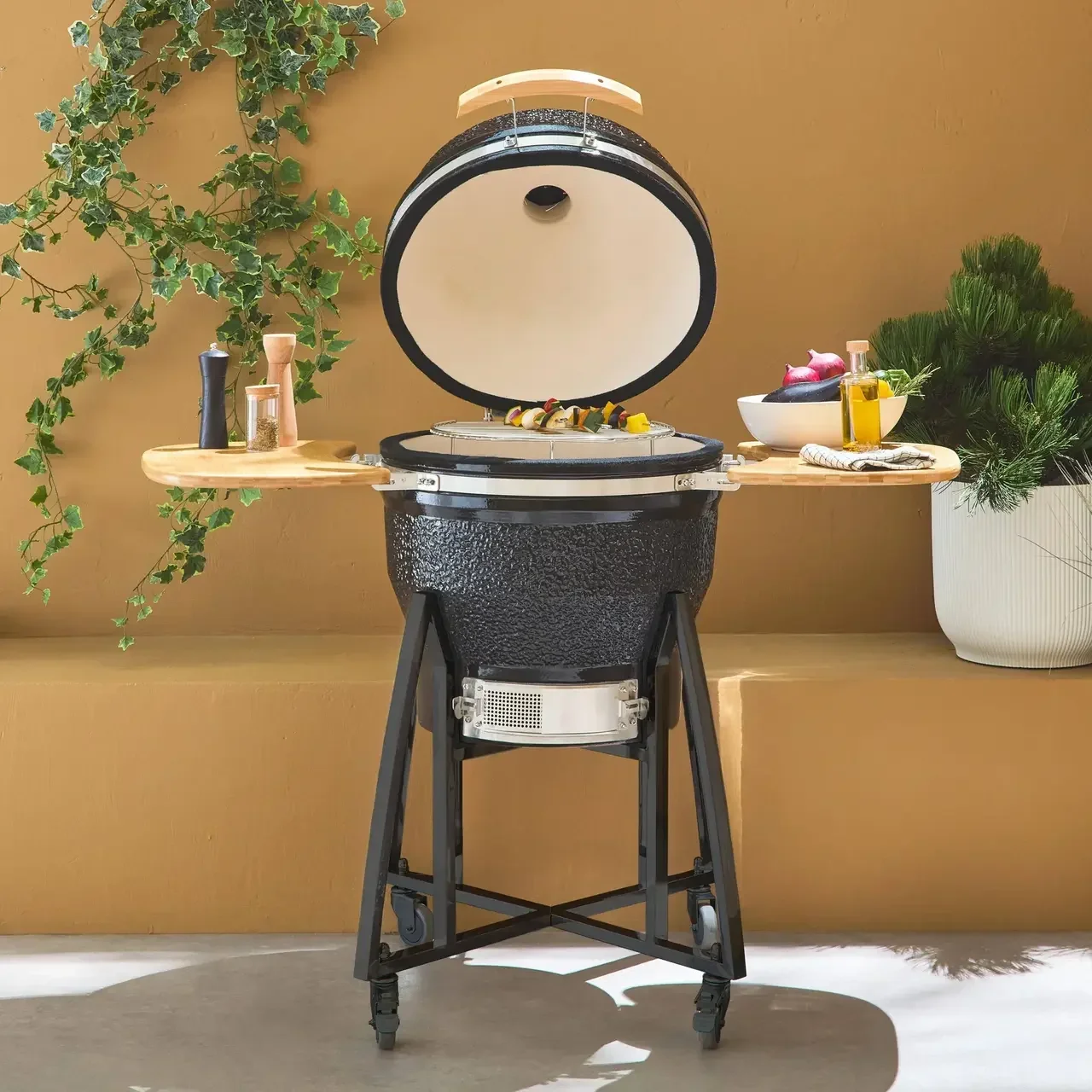 Barbecue céramique Kamado Ø57cm 3 en 1 avec roulettes et tablettes