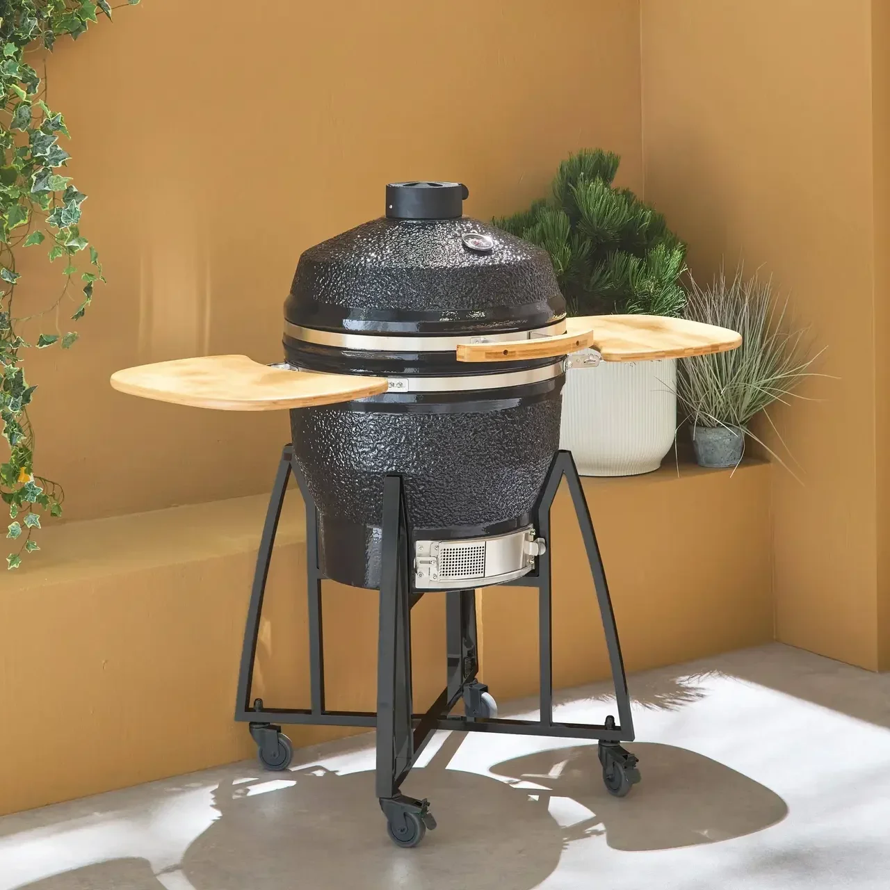 Barbecue céramique Kamado Ø57cm 3 en 1 avec roulettes et tablettes