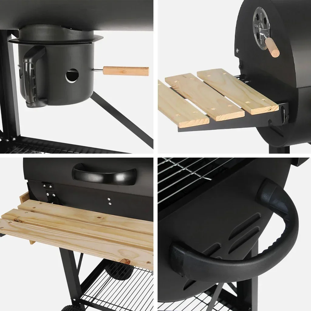 3-in-1 Holzkohlegrill Smoker Plancha mit Rädern und Abdeckhaube
