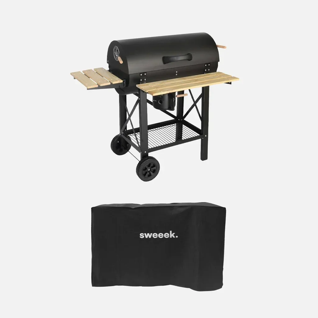 Barbecue charbon 3 en 1 grill fumoir plancha avec roues et housse