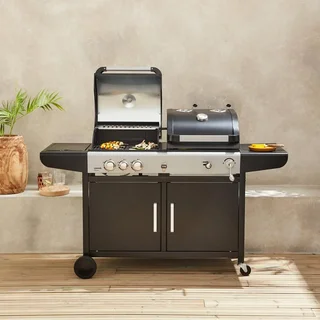 Barbecue hybride gaz charbon 4 brûleurs Marsac plancha fumoir 10-12 personnes