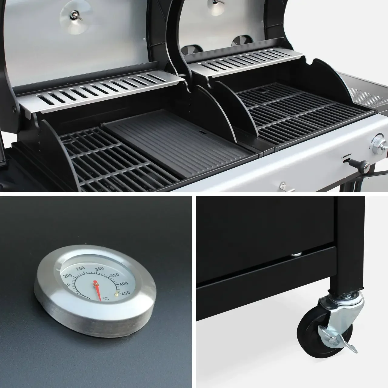 Barbecue hybride gaz charbon 4 brûleurs Marsac plancha fumoir 10-12 personnes