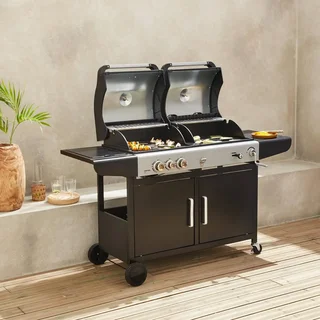 Barbecue hybride gaz charbon 4 brûleurs Marsac plancha fumoir 10-12 personnes