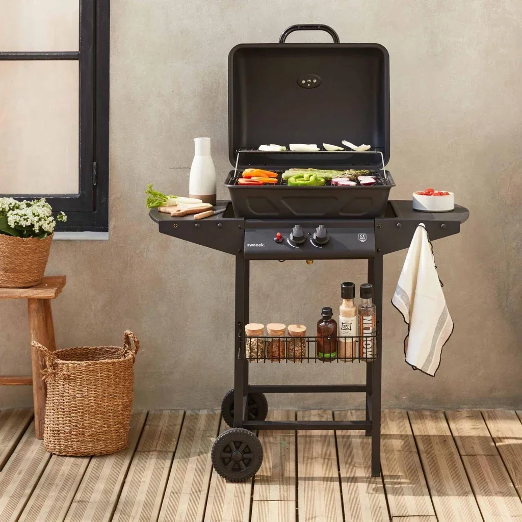 Barbecue gaz 2 brûleurs Aramis noir avec thermomètre et tablettes latérales