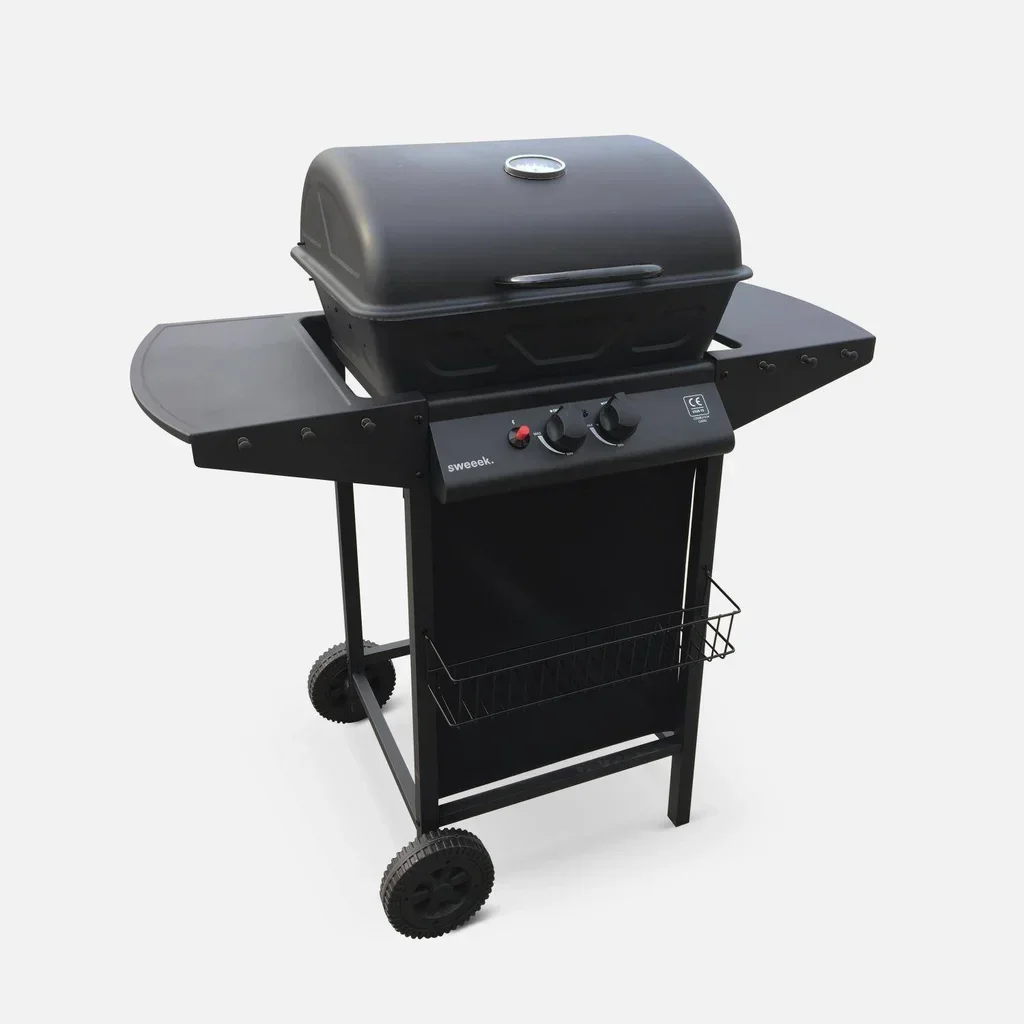 Barbecue gaz 2 brûleurs Aramis noir avec thermomètre et tablettes latérales