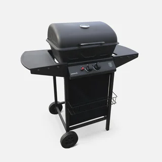 Barbecue gaz 2 brûleurs Aramis noir avec thermomètre et tablettes latérales