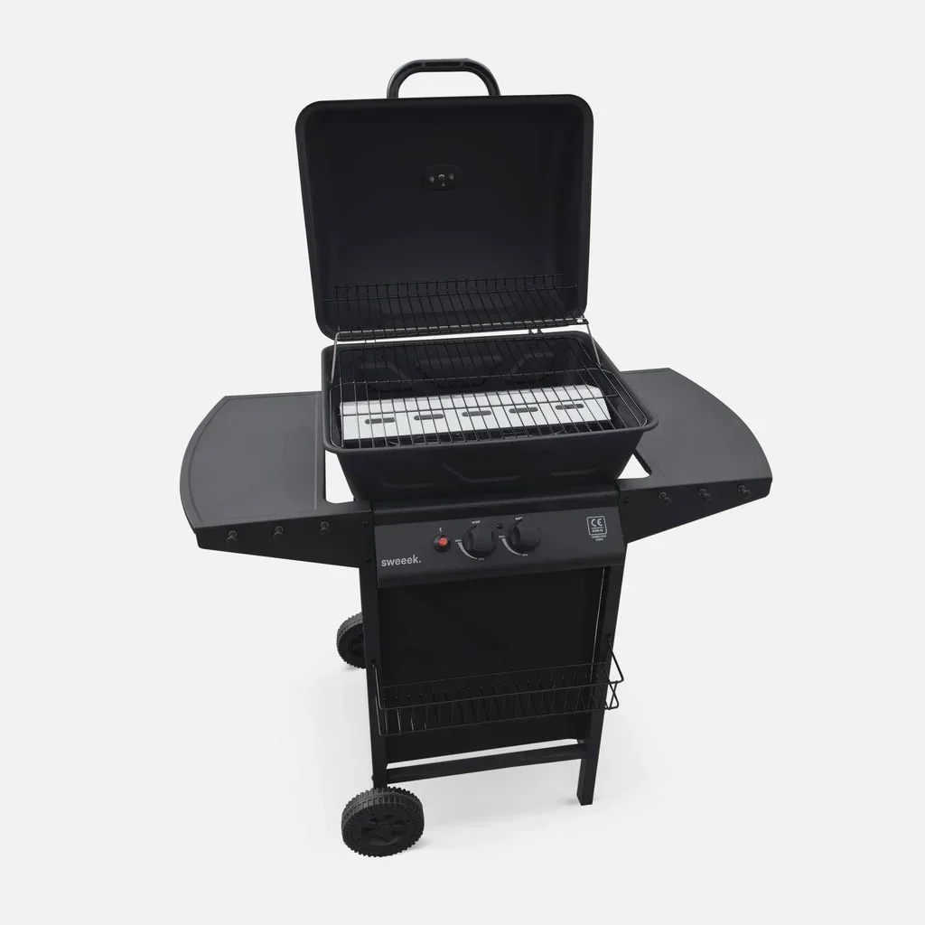 Barbecue gaz 2 brûleurs Aramis noir avec thermomètre et tablettes latérales