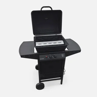 Barbecue gaz 2 brûleurs Aramis noir avec thermomètre et tablettes latérales