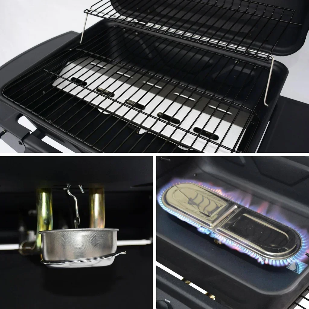Barbecue gaz 2 brûleurs Aramis noir avec thermomètre et tablettes latérales