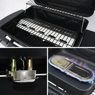 Barbecue gaz 2 brûleurs Aramis noir avec thermomètre et tablettes latérales