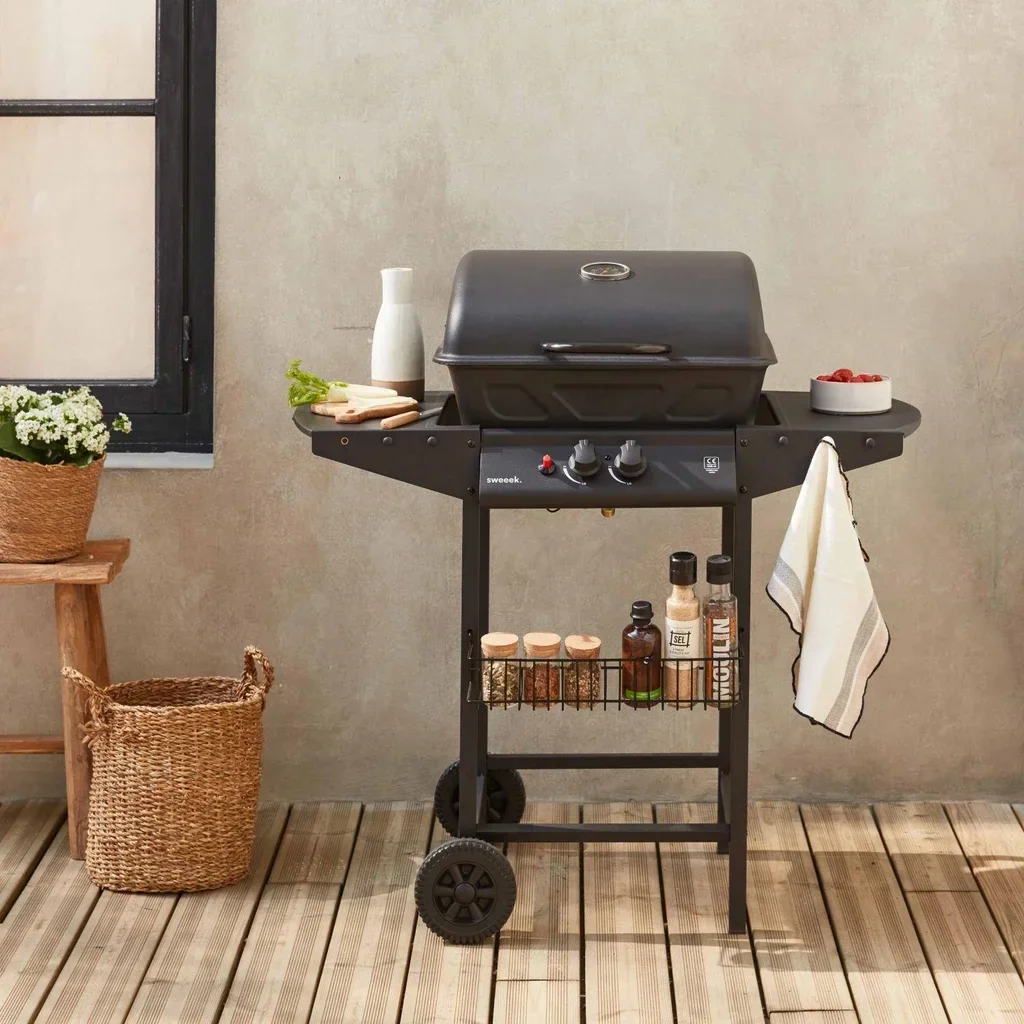 Barbecue gaz 2 brûleurs Aramis noir avec thermomètre et tablettes latérales