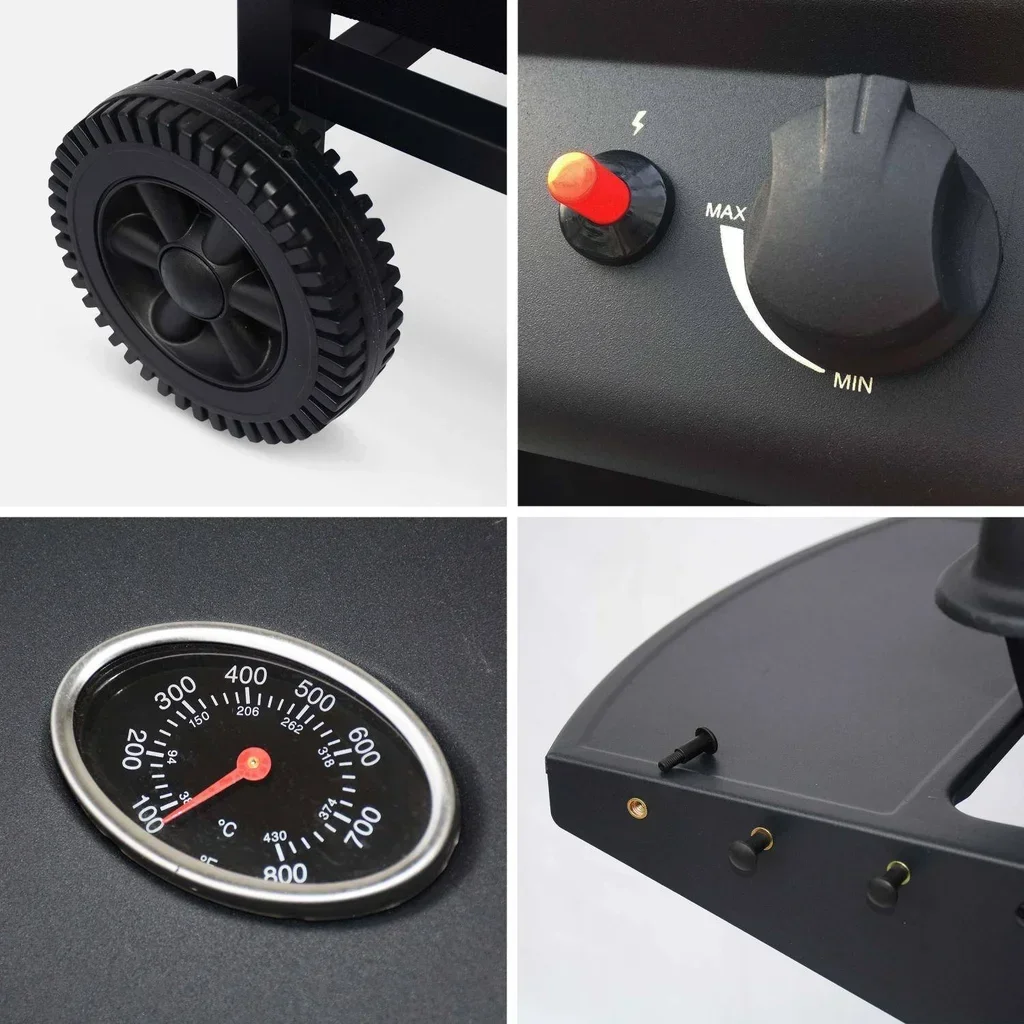 Barbecue gaz 2 brûleurs Aramis noir avec thermomètre et tablettes latérales