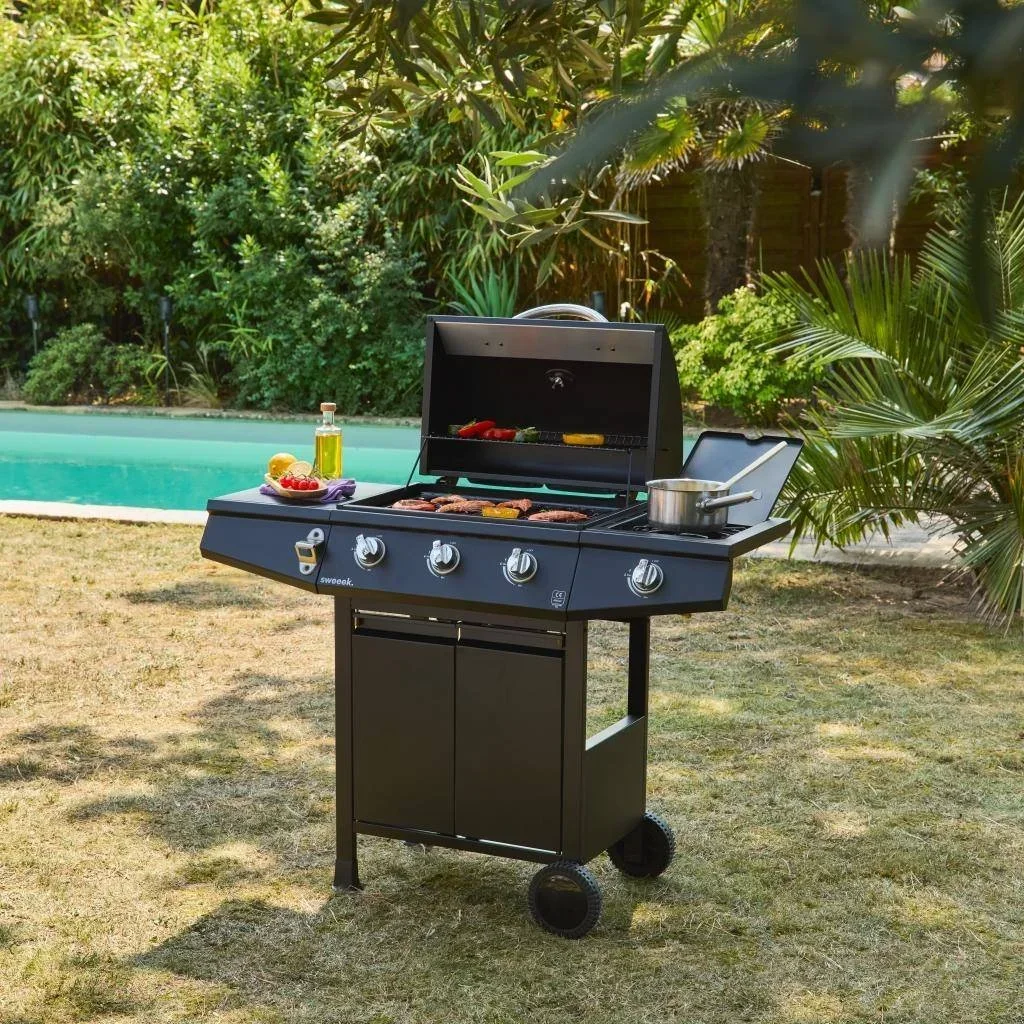 Barbecue gaz 3 brûleurs avec feu latéral et thermomètre intégré